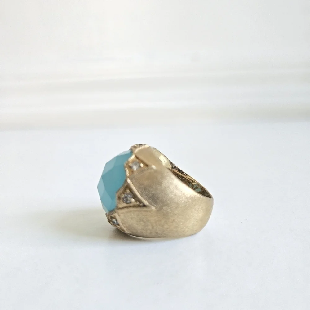 Rivka Friedman 18K Gold Clad Caribbean Blue Quartzite Bold Round Faceted Ring
